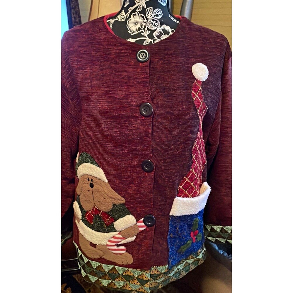 Women’s Christmas Jacket Santa Bear Applique Burgundy Button Front 46” Bust